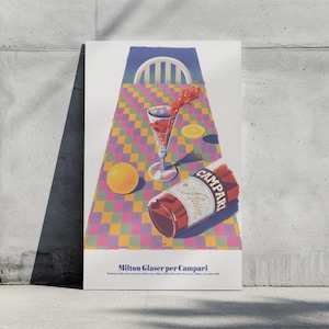 Vintage Campari Art Print autorstwa Miltona Glasera, plakat z drinkami retro, drukowana dekoracja wózka barowego, klasyczna włoska sztuka ścienna z koktajlami