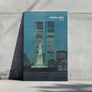 Póster vintage de Pan Am, Estatua de la Libertad y World Trade Center, arte mural con el horizonte de la ciudad de Nueva York, relación de aspecto 2:3, impresión artística de viaje a Nueva York