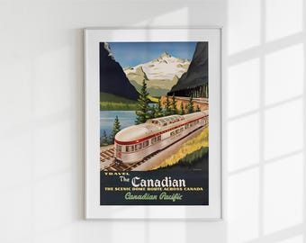 Póster vintage del tren Canadian Pacific / Impresión artística de pared de viaje de la ruta Scenic Dome / Descarga digital de ferrocarril retro / Decoración de paisaje de montaña