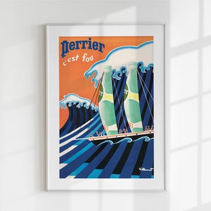 Plakat Vintage Perrier - „C’est Fou” Retro Francuska Reklama, Mid Century Modern, Drukowalna Sztuka Ścienna, Pobieranie Cyfrowe, Kolorowa Sztuka