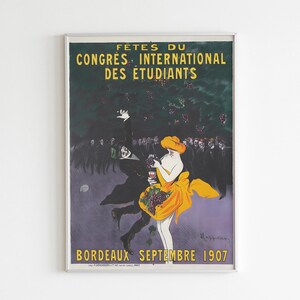 Plakat Vintage French Student Congress, cyfrowa sztuka ścienna, drukowany wystrój retro, prezent dla niego, wydarzenie w Bordeaux w 1907 r., sztuka ścienna do kuchni
