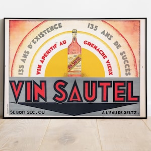 ヴィンテージ Vin Sautel フランスワインポスター、レトロなバーアート、キッチンやホームバーの装飾に印刷可能なウォールアート、即時ダウンロード