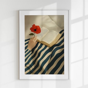 Vintage Floral Reading Wall Art | Poppy Flower Printable Poster | Romantic Digital Download | Cozy Home Decor | Gift for Her