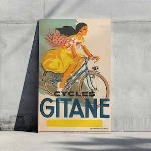 Póster vintage de bicicleta gitana, impresión publicitaria de ciclismo francés retro, arte mural colorido, descarga digital imprimible, decoración clásica