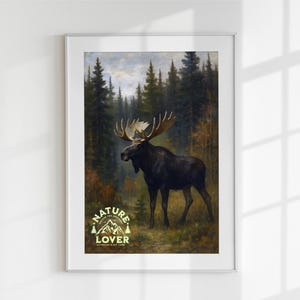 Vintage Moose Forest Wall Art Printable | Wildlife Nature Poster | Rustic Digital Download | Cabin Decor | Gift for Him | Adventure Art