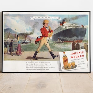 Plakat Vintage Johnnie Walker, Reklama klasycznej szkockiej whisky, Sztuka ścienna na wózek barowy w stylu retro, Wydrukowana dekoracja napojów, Pobieranie cyfrowe