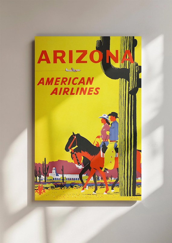 Vintage Arizona Travel Poster, American Airlines Cowboy Print