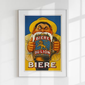 Vintage französisches Bier Poster zum Ausdrucken | Bière du Lion Wandkunst | Retro digitaler Download | Barwagen Dekor | Bunter Bierwand Print