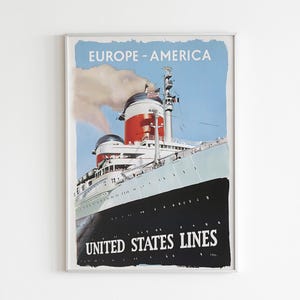 Vintage SS United States Ocean Liner Print, Retro Nautical Travel Poster, Mid Century Cruise Ship Art, Maritime Wall Decor, Digital Download