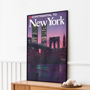 Retro New York Skyline Poster - Brooklyn Bridge and Twin Towers