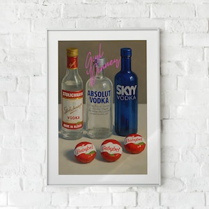 Girl Dinner Retro Wall Art Printable, Wódka i Ser Martwa Natura, Zabawny Vintage Digital Download, Dekoracja Bar Cart, Prezent dla Przyjaciół