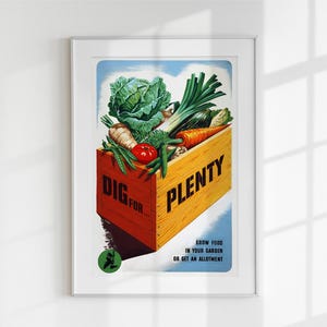 DIG FOR PLENTY – Vintage British War Garden Poster | Retro Food Security Art Print | Victory Garden Wall Decor | 2:3 Printable Download