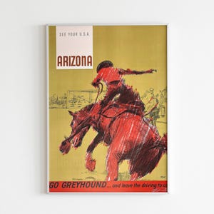 Vintage rodeoposter Arizona, retro western reizen print, Greyhound Bus-advertentie, paardrijkunst uit het midden van de eeuw, rustiek muurdecor