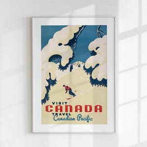 Póster de viaje de esquí de Canadá vintage / Impresión de arte de pared retro de deportes de invierno del Pacífico canadiense / Descarga digital de esquí / Decoración imprimible
