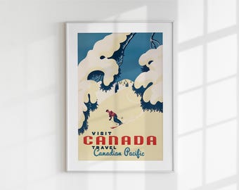 Póster de viaje de esquí de Canadá vintage / Impresión de arte de pared retro de deportes de invierno del Pacífico canadiense / Descarga digital de esquí / Decoración imprimible