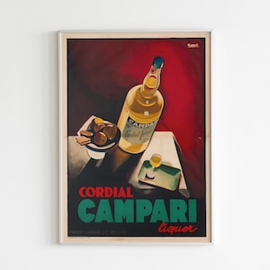 Vintage Cordial Campari-drankposter, retro Italiaanse muurkunst, digitale download, cadeau voor hem, afdrukbaar bardecor, keukenmuurkunst