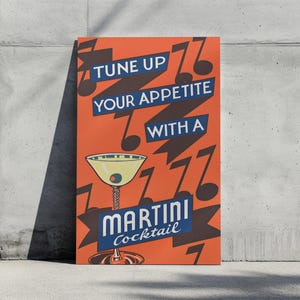 Vintage Martini Cocktail Art Print, Retro Drinks Poster, Wydrukowany Bar Cart Decor, Klasyczna Reklama Koktajli, Sztuka Ścienna Mid-Century Modern