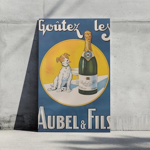 Vintage Aubel & Fils Champagne Art Print, Retro French Drinks Poster, Wydrukowalny Bar Cart Decor, Sztuka Ścienna Psa, Klasyczna Francuska Reklama