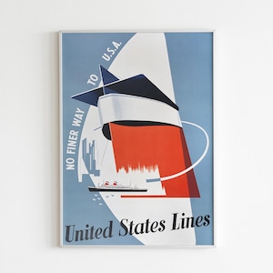 Vintage SS United States Ocean Liner Poster, Nautical Wall Art, Retro Travel Print, Mid Century Ship Decor, Cruise Ship Digital Download