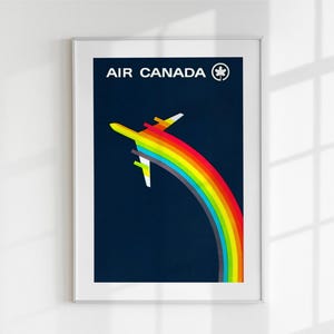 Póster de viaje retro de Air Canada / Diseño de avión arcoíris / Arte de aerolínea de los años 70 / Arte mural imprimible / Descarga digital en relación de aspecto 2:3 / Aviación vintage