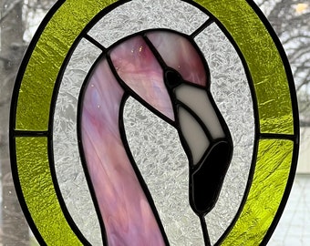 Flamingo Iridescent Stained Glass Oval Suncatcher Panel