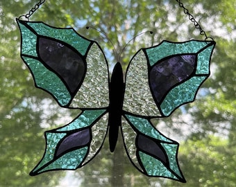 Butterfly Blue, Black, and Purple Iridescent Stained Glass Suncatcher Panel Handmade Gift Wall Hanging
