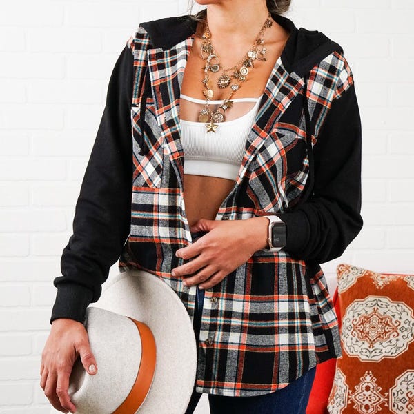 Brooke Oversized Hooded Flannel – Two-Tone Sleeves, Fall Essential