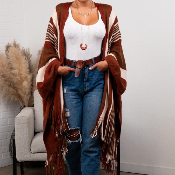 Brianna Striped Ruana Wrap – Boho Frayed Edge Poncho Shawl, Lightweight Layer for Women
