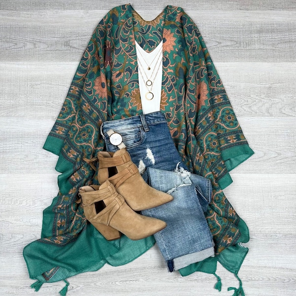 Morocco Kimono Coverup: Floral Embroidery Beach Cardigan