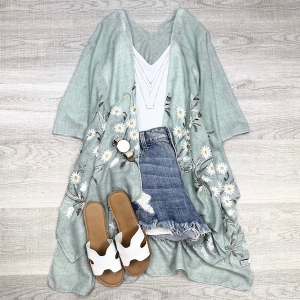 Daisy Embroidered Kimono: Lightweight Beach Cover Up