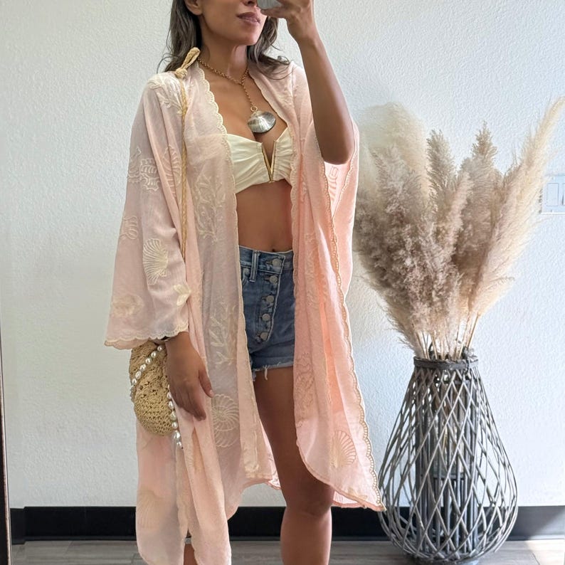 Boho Seashell Kimono Beach Cover Up – Embroidered Summer Cardigan, Resort Wear, Tropical Vacation Outfit light pink
