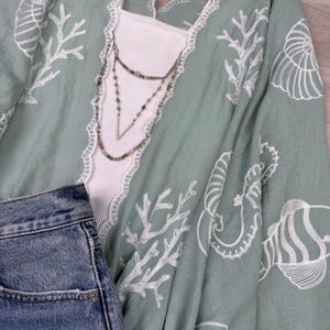 Boho Seashell Kimono Beach Cover Up – Embroidered Summer Cardigan, Resort Wear, Tropical Vacation Outfit image 10