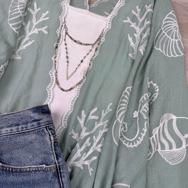 Boho Seashell Kimono Beach Cover Up – Embroidered Summer Cardigan, Resort Wear, Tropical Vacation Outfit image 10