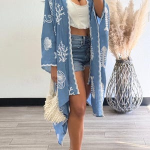 Boho Seashell Kimono Beach Cover Up – Embroidered Summer Cardigan, Resort Wear, Tropical Vacation Outfit image 3