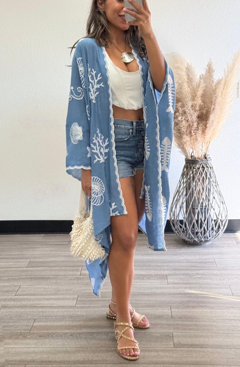 Boho Seashell Kimono Beach Cover Up – Embroidered Summer Cardigan, Resort Wear, Tropical Vacation Outfit image 3