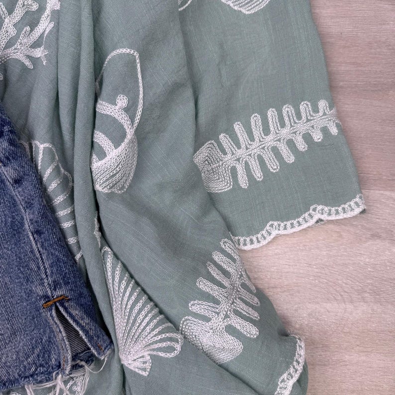 Boho Seashell Kimono Beach Cover Up – Embroidered Summer Cardigan, Resort Wear, Tropical Vacation Outfit image 11