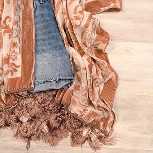 May include: A sheer kimono featuring a burnt orange velvet floral pattern on a light beige background. The garment has a long, open front design with a thick velvet border and a hemline finished with long, matching burnt orange fringe tassels.