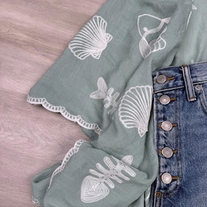 Boho Seashell Kimono Beach Cover Up – Embroidered Summer Cardigan, Resort Wear, Tropical Vacation Outfit image 8