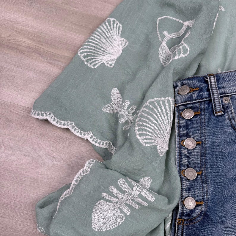 Boho Seashell Kimono Beach Cover Up – Embroidered Summer Cardigan, Resort Wear, Tropical Vacation Outfit image 8