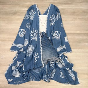 Boho Seashell Kimono Beach Cover Up – Embroidered Summer Cardigan, Resort Wear, Tropical Vacation Outfit chambray