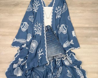 Boho Seashell Kimono Beach Cover Up – Embroidered Summer Cardigan, Resort Wear, Tropical Vacation Outfit