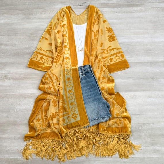 Regina Velvet Mesh Boho Kimono Beach Cover Up, Sheer Duster Cardigan, Lightweight Resort Wear, Festival Kimono, Swim Coverup for Women