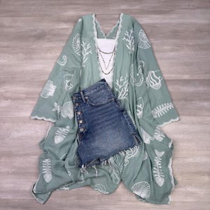 Boho Seashell Kimono Beach Cover Up – Embroidered Summer Cardigan, Resort Wear, Tropical Vacation Outfit sage