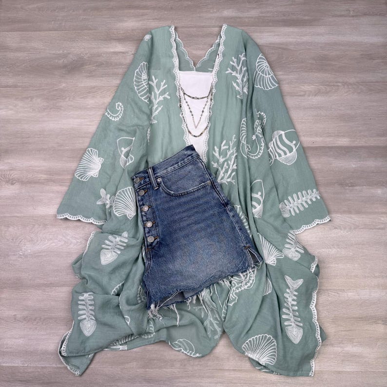 Boho Seashell Kimono Beach Cover Up – Embroidered Summer Cardigan, Resort Wear, Tropical Vacation Outfit sage