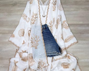 Boho Seashell Kimono Beach Cover Up – Embroidered Summer Cardigan, Resort Wear, Tropical Vacation Outfit