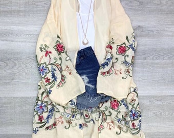 Long sleeve Embroidered kimono lightweight cardigan