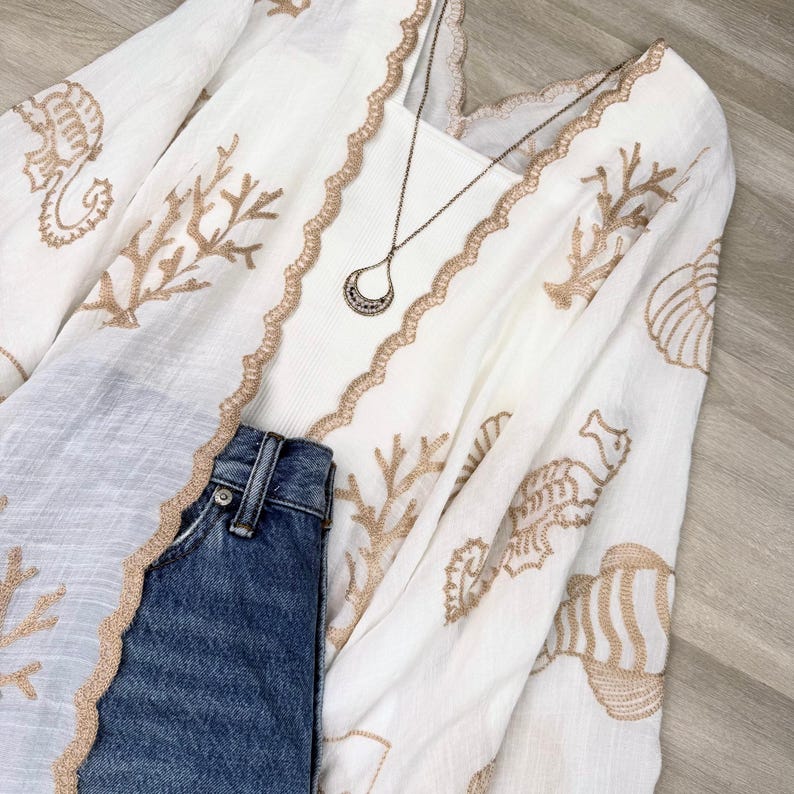 Boho Seashell Kimono Beach Cover Up – Embroidered Summer Cardigan, Resort Wear, Tropical Vacation Outfit image 14