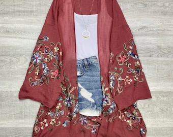 Long sleeve Embroidered kimono lightweight cardigan