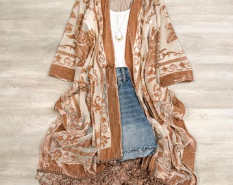Regina Velvet Mesh Boho Kimono Beach Cover Up, Sheer Duster Cardigan, Lightweight Resort Wear, Festival Kimono, Swim Coverup for Women