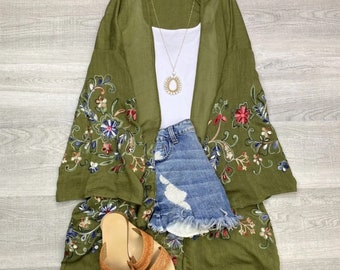 Long sleeve Embroidered kimono lightweight cardigan